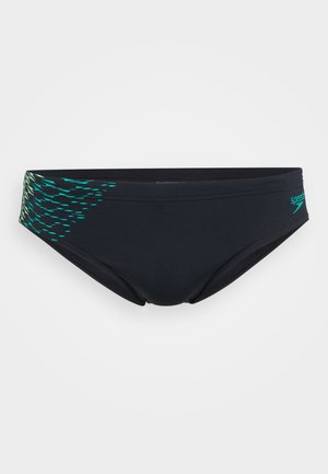 Maillots de bain noirs avec un design épuré, arborant un motif dégradé aqua sur un côté et un petit logo sur la ceinture.
