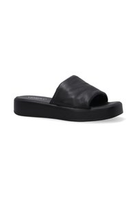 Sorte læderslippers med åben tå-design, der har en bred overdel og en tykk platformssål. Textureret overflade, minimalistisk stil.