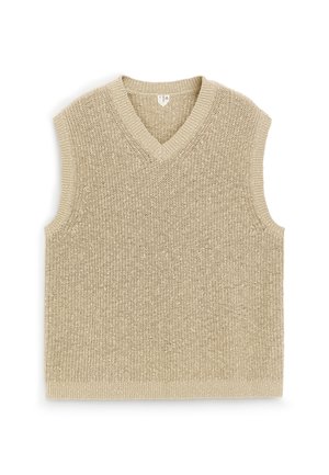 Beige neulottu hihaton villaliivi, jossa on V-aukko ja resorireunus, aseteltu tasaisesti valkoiselle taustalle.