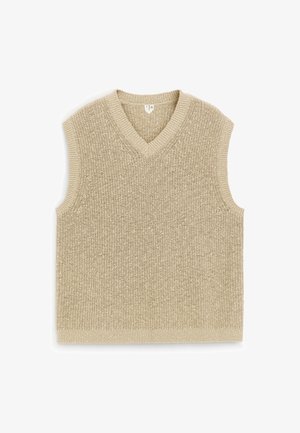 Gilet smanicato di maglia beige con scollo a V e bordino a costine, disteso su uno sfondo bianco.