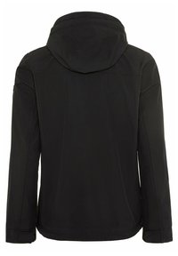 Schwarze Jacke mit Kapuze, glatter Textur und taillierter Passform. Beinhaltet dezente Steppdetails und lange Ärmel mit verstellbaren Manschetten.