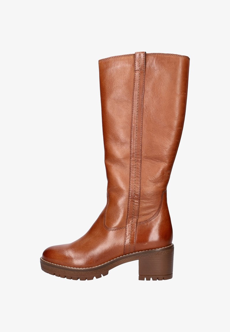 Bruine leren kniehoog laars met een ronde neus, gestructureerde bovenkant en een robuuste hak. Het echtheid van de naad aan de zijkant verbetert het strakke ontwerp.
