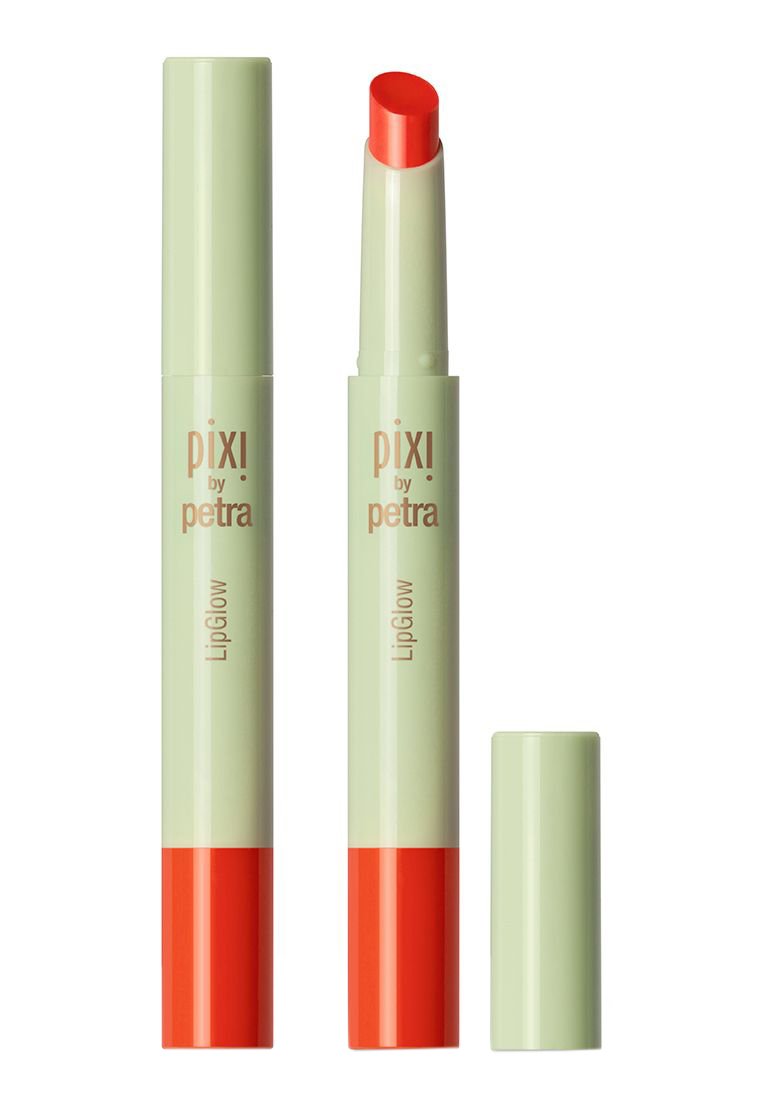 Lipkleurstift in een mintgroene huls met een rode onderkant. Heeft een ronde punt en een merknlabel "pixi by petra" voor identificatie.