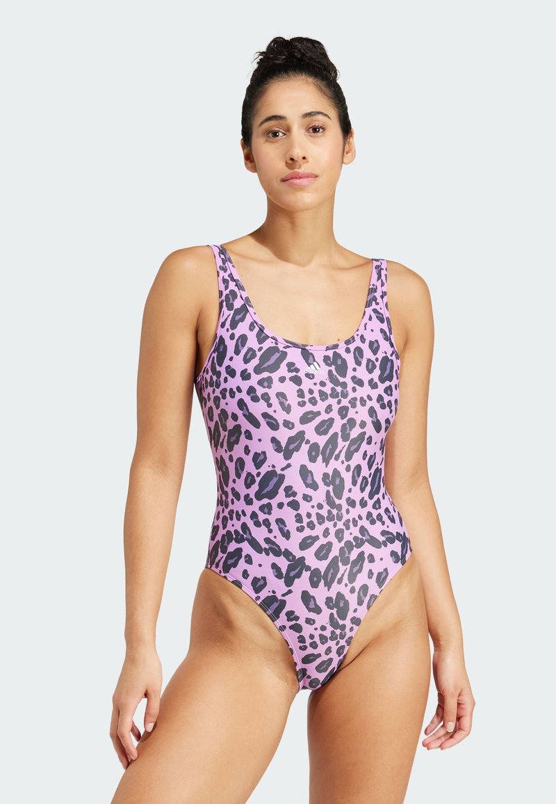 Pink leopard print one-piece swimsuit with wide shoulder straps and a low back, made from smooth, stretchy fabric.