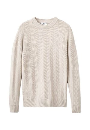 Beige Strickpullover mit einem strukturierten Fischgrätmuster, Rundhalsausschnitt sowie gerippten Bündchen und Saum. Entspannter, langärmeliger Schnitt.