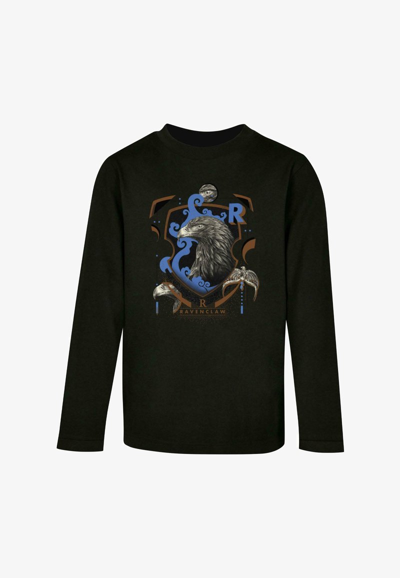 Black long-sleeve t-shirt featuring a Ravenclaw crest design with an eagle, blue accents, and intricate patterns. Cotton material with round neckline.