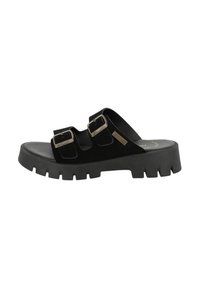 Infradito nere in suede con due fibbie metalliche regolabili, dotate di una suola in gomma spessa con un motivo di battistrada testurizzato.