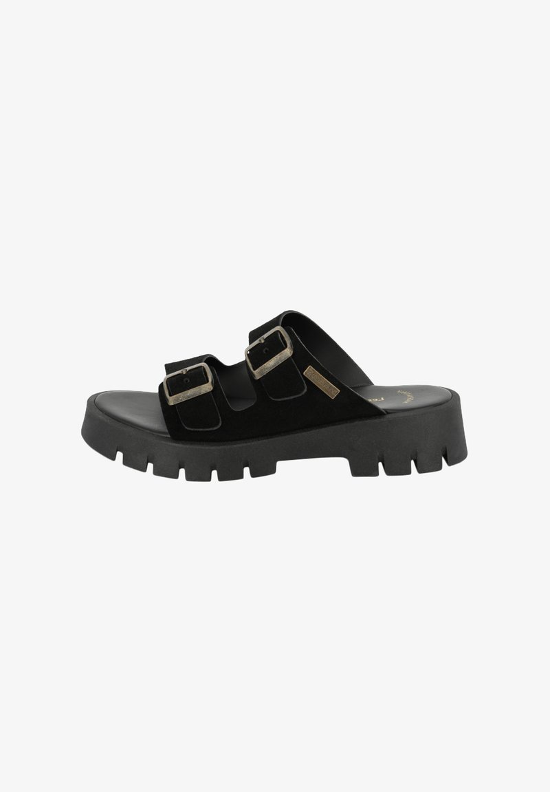 Infradito nere in suede con due fibbie metalliche regolabili, dotate di una suola in gomma spessa con un motivo di battistrada testurizzato.