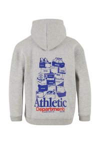 Felpa grigia con un design grafico blu di scatole di scarpe impilate sul retro, con "Dipartimento Atletica" in grassetto rosso.