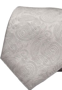 Ljusgrå slips med ett intrikat virvlande paisleymönster, texturerad kvalitet och spetsig spets, vilket ger en sofistikerad look.