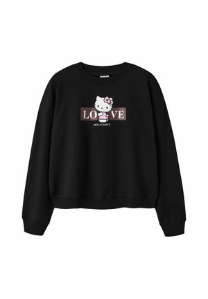 Sweat-shirt noir avec le personnage Hello Kitty avec un nœud rose et le texte "LOVE" sur le devant, avec "HELLO KITTY" écrit en dessous.