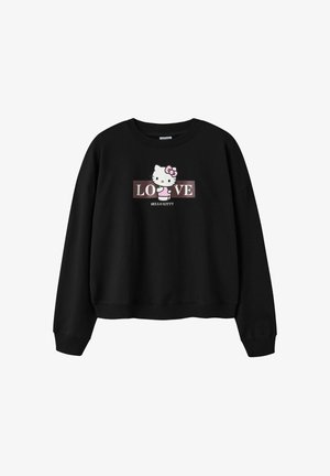 Sort sweatshirt med Hello Kitty-figur i lyserød sløjfe og teksten "LOVE" på forsiden, med "HELLO KITTY" skrevet nedenunder.