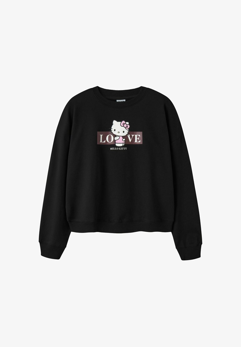 Sweat-shirt noir avec le personnage Hello Kitty avec un nœud rose et le texte "LOVE" sur le devant, avec "HELLO KITTY" écrit en dessous.
