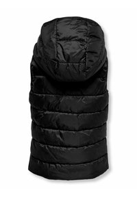Schwarze Pufferweste mit Kapuze, mit gesteppten Sektionen und einer weichen, glänzenden Textur. Keine sichtbaren Beschläge oder Akzente.
