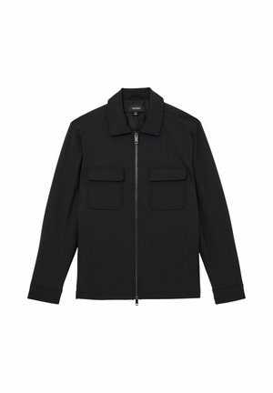 Schwarze Jacke mit langen Ärmeln, Frontreißverschluss, zwei Brusttaschen mit Klappen und spitzem Kragen.