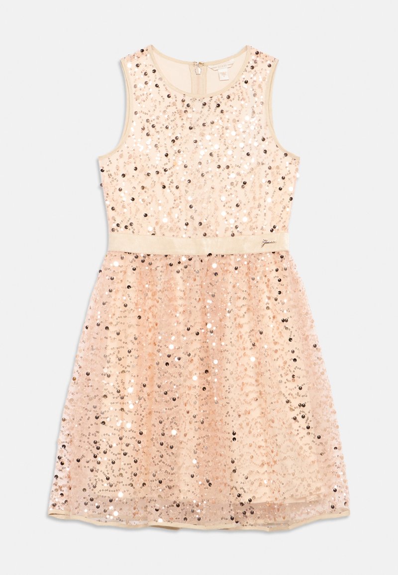 Αμάνικο φόρεμα μέχρι το γόνατο σε παλ ροζ απόχρωση με στρογγυλή λαιμόκοψη, καλυμμένο με πούλιες, διαθέτοντας λεπτή ζώνη μέσης και κλείσιμο με φερμουάρ στην πλάτη.