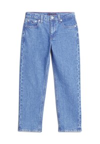 Jeans de mezclilla azul claro con cinco bolsillos, cierre de botón y logo de Tommy Hilfiger en el pequeño bolsillo frontal y en la etiqueta de la cintura.