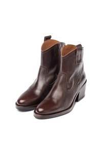 Brown leather ankle boots with a smooth finish, pointed toe, and a low stacked heel. Features side elastic panels and rear pull tabs.