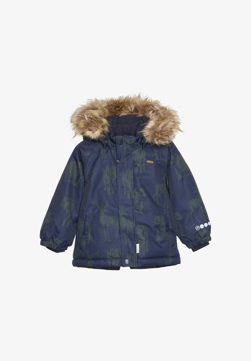 Veste d'hiver pour enfants bleu marine avec bordure de capuche en fausse fourrure et imprimés discrets d'animaux verts foncés, poignets élastiques et poches avant.