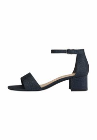 Schwarze Glitzer-Blockabsatzsandalen mit offenem Zehenbereich, einem Knöchelriemen mit Schnalle und einer strukturierten Oberfläche.