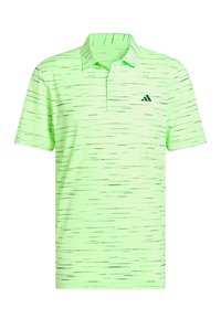 Camisa polo verde claro con un patrón texturizado de rayas horizontales en diferentes tonos de negro y verde. Cuenta con un collar y un pequeño logo.