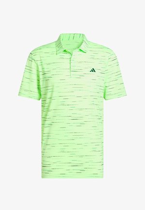 Polo shirt verde chiaro con un motivo testurizzato di strisce orizzontali in diverse sfumature di nero e verde. Presenta un colletto e un piccolo logo.