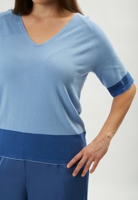 Helles blaues gestricktes Oberteil mit kurzen Ärmeln und einem tiefen V-Ausschnitt. Der untere Abschnitt ist in einem dunkleren Blau gehalten, was ein farbblockiertes Design betont.
