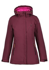 Veste d'hiver bordeaux avec une doublure intérieure rose, poches zippées avec des accents jaunes, un col haut et une capuche réglable pour plus de chaleur.