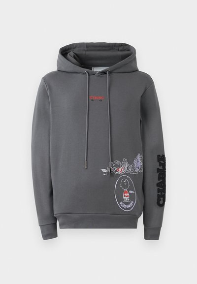 Gray hoodie with a drawstring, featuring red “ICEBERG” text and multi-colored embroidered cartoon graphics, including characters and "CHARLIE" on sleeve.