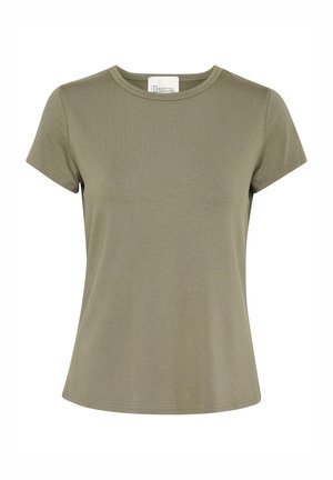 T-shirt in cotone verde oliva con scollo rotondo, maniche corte e vestibilità morbida. Presenta un'etichetta piccola sul retro del collo.