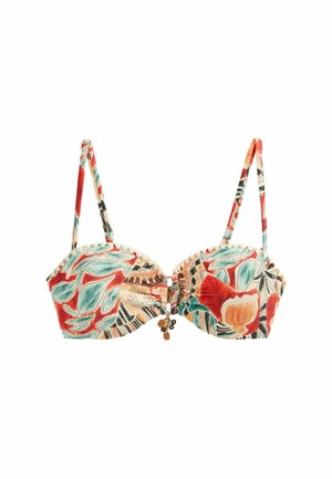 Floral-patterned padded bikini top with adjustable thin straps and decorative beads at center front clasp.