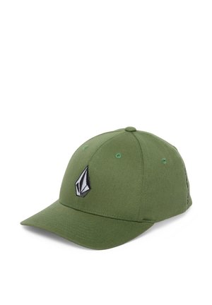 Casquette de baseball verte à visière incurvée avec un logo géométrique noir et blanc sur le panneau avant.