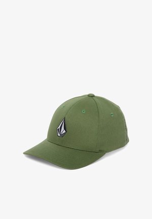 Casquette de baseball verte à visière incurvée avec un logo géométrique noir et blanc sur le panneau avant.