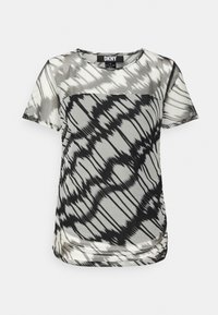 Top a maniche corte in tessuto trasparente nero e bianco. Caratterizzato da un motivo geometrico con una linea dritta e scollatura tonda.