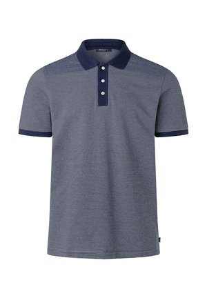 Navyblaue Poloshirt mit horizontalen weißen Streifen, dreiknopfigem Verschluss, einfarbigem navyfarbenem Kragen und Ärmeln, glatter Textur, lässigem Design.