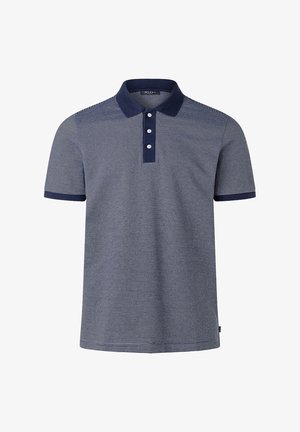 Navyblaue Poloshirt mit horizontalen weißen Streifen, dreiknopfigem Verschluss, einfarbigem navyfarbenem Kragen und Ärmeln, glatter Textur, lässigem Design.