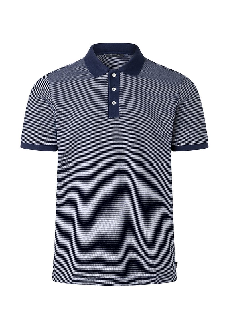 Námořnická modrá polo tričko s vodorovnými bílými pruhy, tříknoflíková léga, jednobarevný námořnický límec a rukávy, hladká textura, ležérní design.