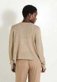 Top de manga larga y cropped en dorado claro, con una textura suave y brillante. El diseño de la parte trasera es sencillo con un dobladillo redondeado. Se lleva con pantalones holgados en color beige.