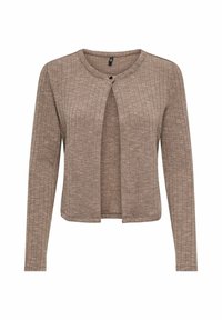 Cardigan marrón de canalé con mangas largas, escote redondo, apertura frontal y cierre con un solo botón. Tejido texturizado con un brillo sutil.