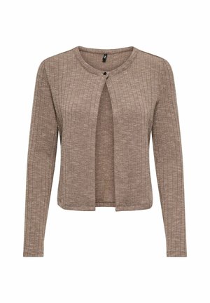 Bruine geribde cardigan met lange mouwen, ronde halslijn, open voorkant en een enkele knoopsluiting. Gelaagd stof met een subtiele glans.