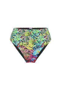 Bikini gaćice visokog struka u šarenom cvjetnom i leopard uzorku, s plavim leptir detaljem. Napravljene od sintetičkog materijala s glatkom teksturom.