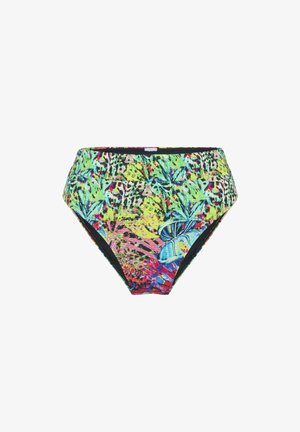 Bikinové spodky s vysokým pásom v multikolornej kvety a leopardom, s modrým motýlikom ako akcentom. Vyrobené z syntetického materiálu s hladkou textúrou.