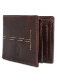 Brown leather wallet with contrasting beige stitching, featuring a logo embossed on the front, and multiple card slots inside.