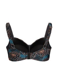 Podprsenka s kosticami z tmavomodrozeleného vzorovaného materiálu s kvetinovými motívmi v zlatej a tmavohnedej farbe, nastaviteľnými ramienkami a zapínaním na háčiky na chrbte.