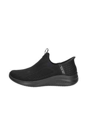 Black slip-on sneakers made of breathable mesh with a textured design, curved sole, and a pull tab for easy wear.