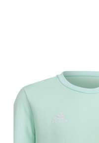 Mintgroene langdlnsloven shirt van zachte stof. Het heeft een ronde hals en een klein wit geborduurd Adidas-logo op de borst.