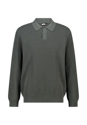 Donkergroene gebreide polo trui met lange mouwen, een geribde textuur en een drieknops sluiting. Heeft een klassieke kraag en aansluitende manchetten.