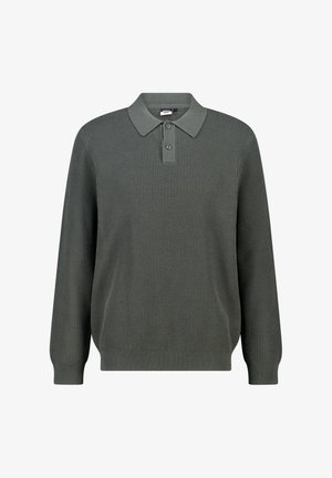 Donkergroene gebreide polo trui met lange mouwen, een geribde textuur en een drieknops sluiting. Heeft een klassieke kraag en aansluitende manchetten.