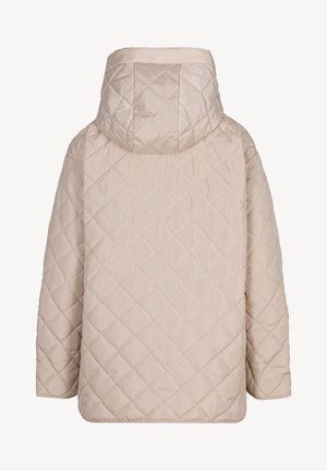 Beige doorgestikte jas met capuchon, lange mouwen en ruitvormig stikselpatroon, gezien van achteren tegen een neutrale achtergrond.