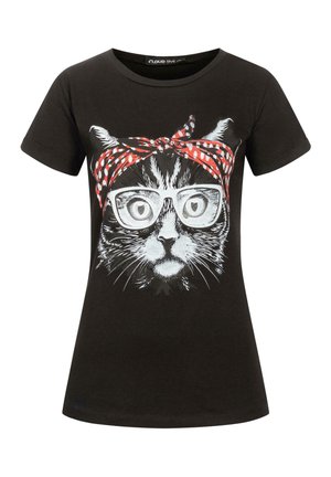 Sort bomulds T-shirt med et grafisk motiv af en kat, der bærer briller og et rødt prikket bandana. Kortærmede og med rund halsudskæring.